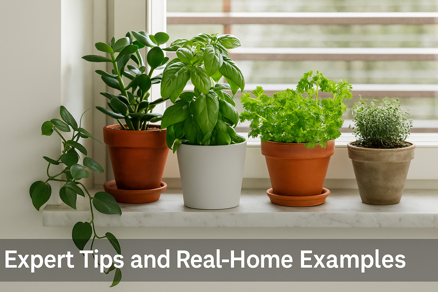 Collection of potted herbs like basil, parsley, thyme, and jade plant on a windowsill, demonstrating real-home herb gardening setups and expert planting tips